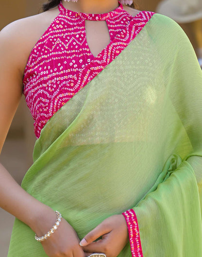 Light Green Chiffon Printed Lace Saree
