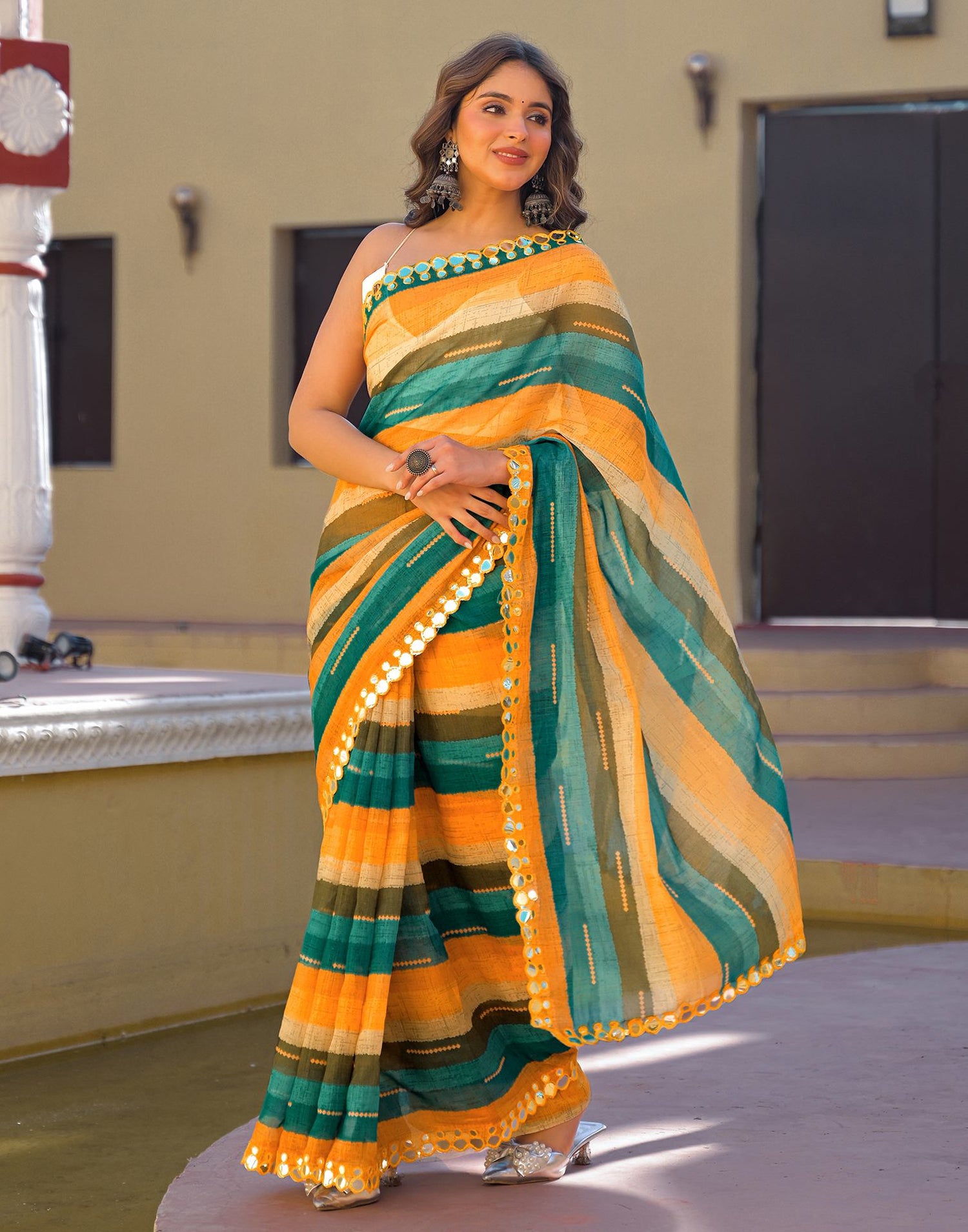 Multicoloured Cotton Linen Printed Saree