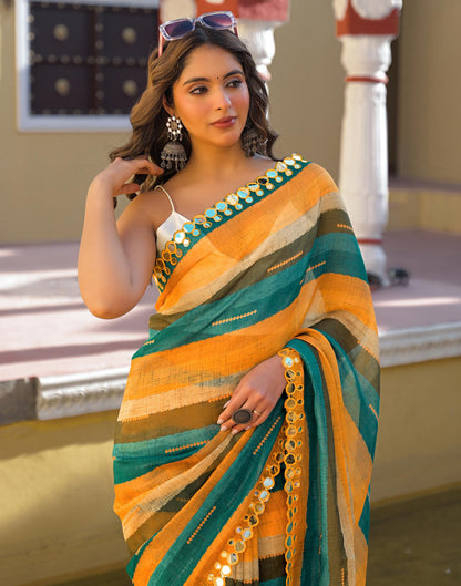 Multicoloured Cotton Linen Printed Saree
