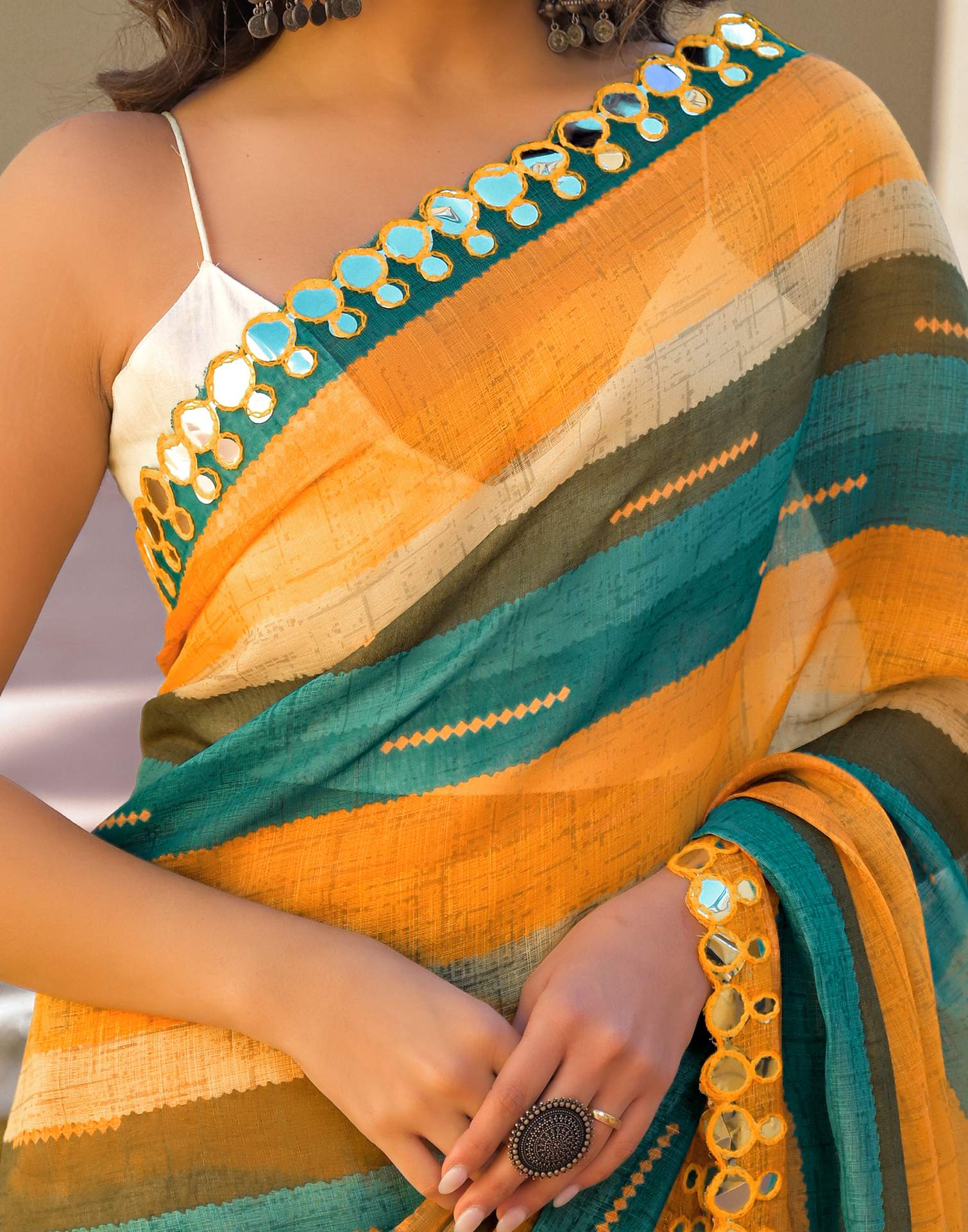 Multicoloured Cotton Linen Printed Saree