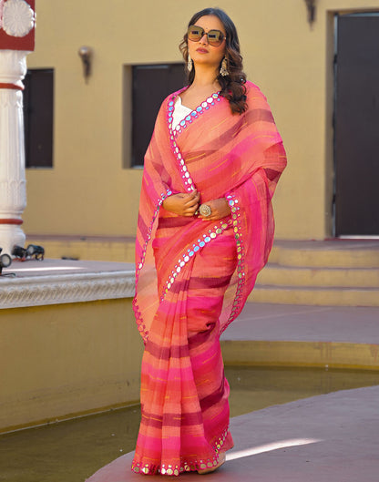 Coral Pink Cotton Linen Printed Saree