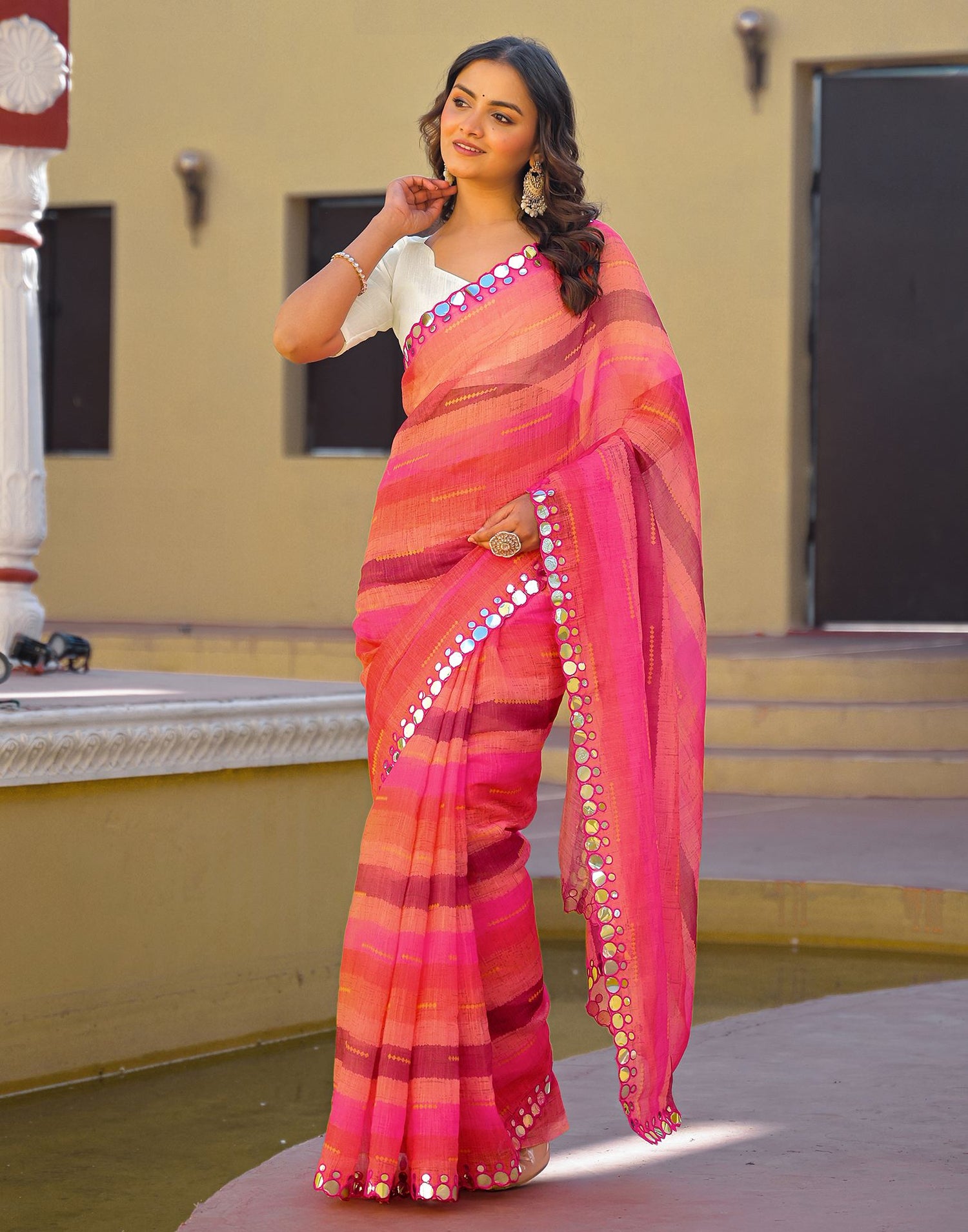 Coral Pink Cotton Linen Printed Saree