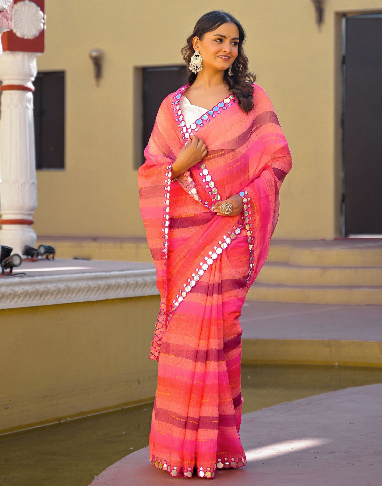 Coral Pink Cotton Linen Printed Saree