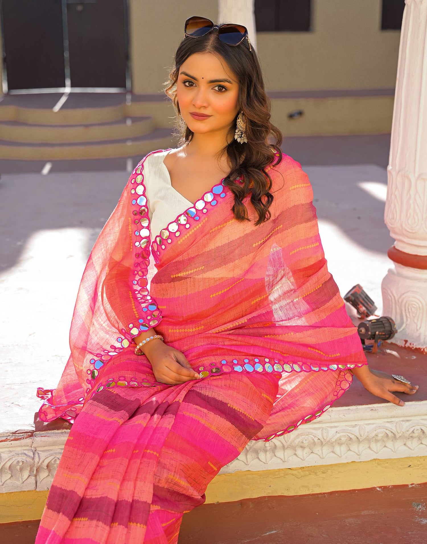Coral Pink Cotton Linen Printed Saree