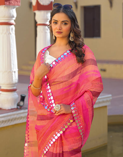 Coral Pink Cotton Linen Printed Saree