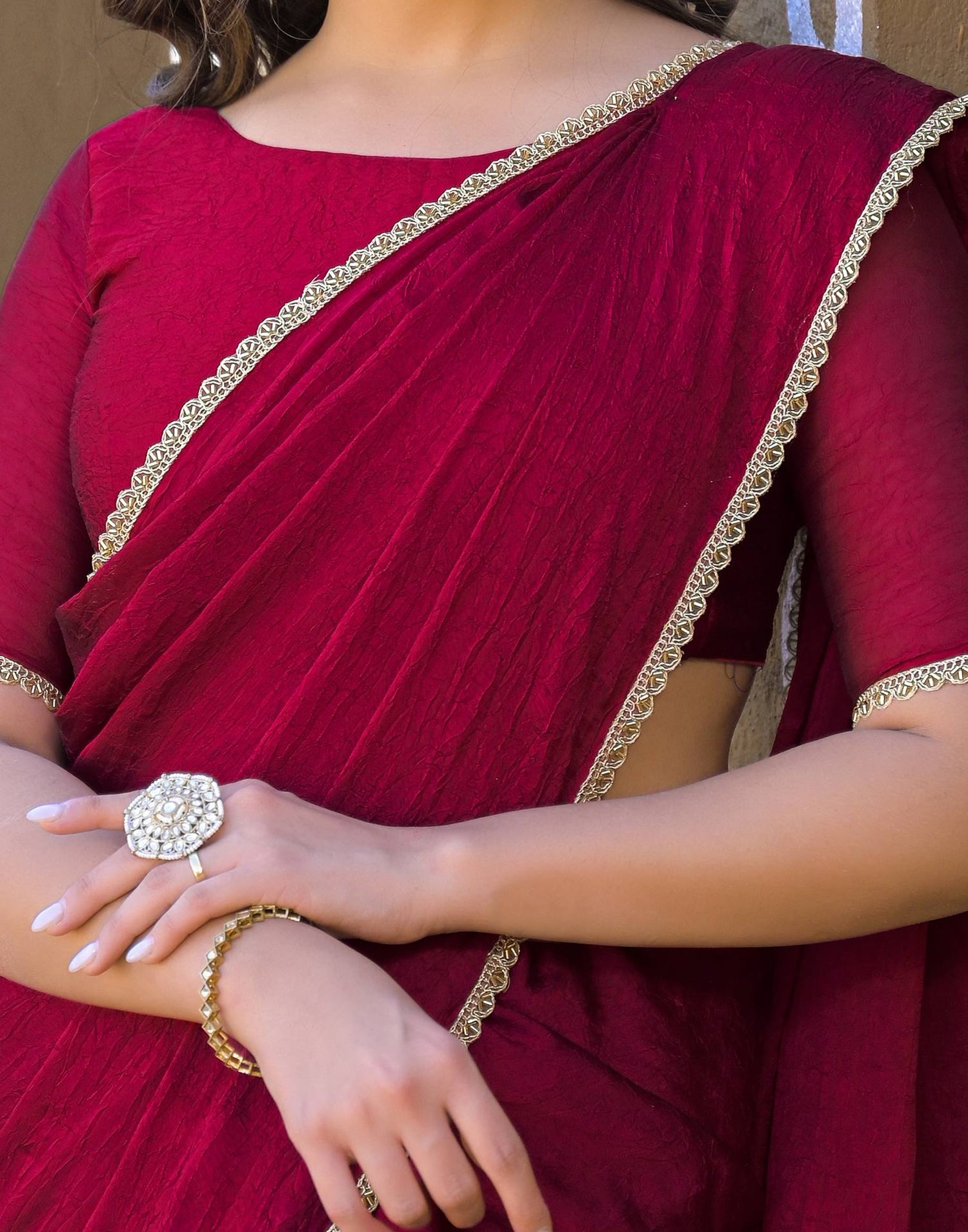 Dark Magenta Crush Silk Lace Saree