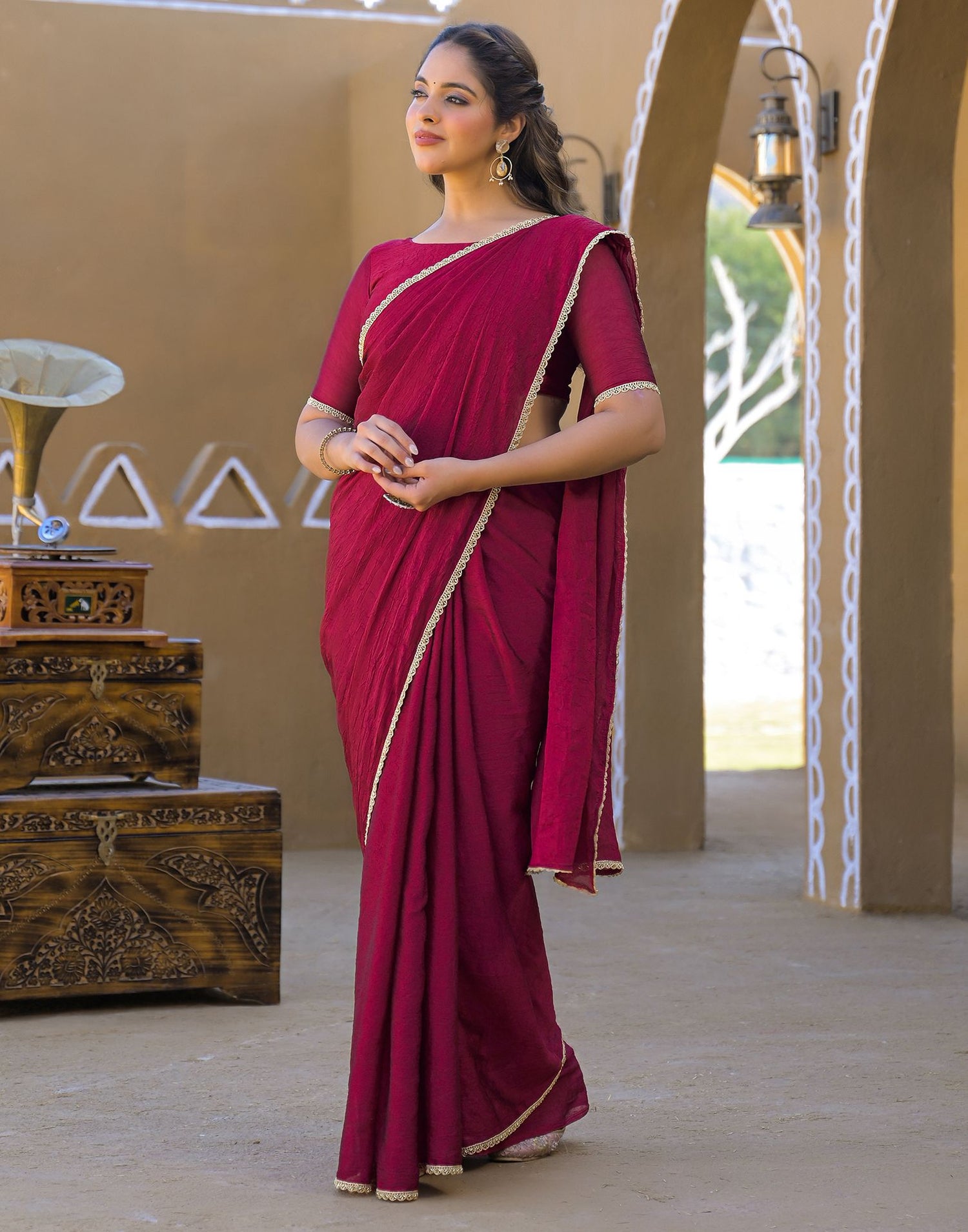 Dark Magenta Crush Silk Lace Saree