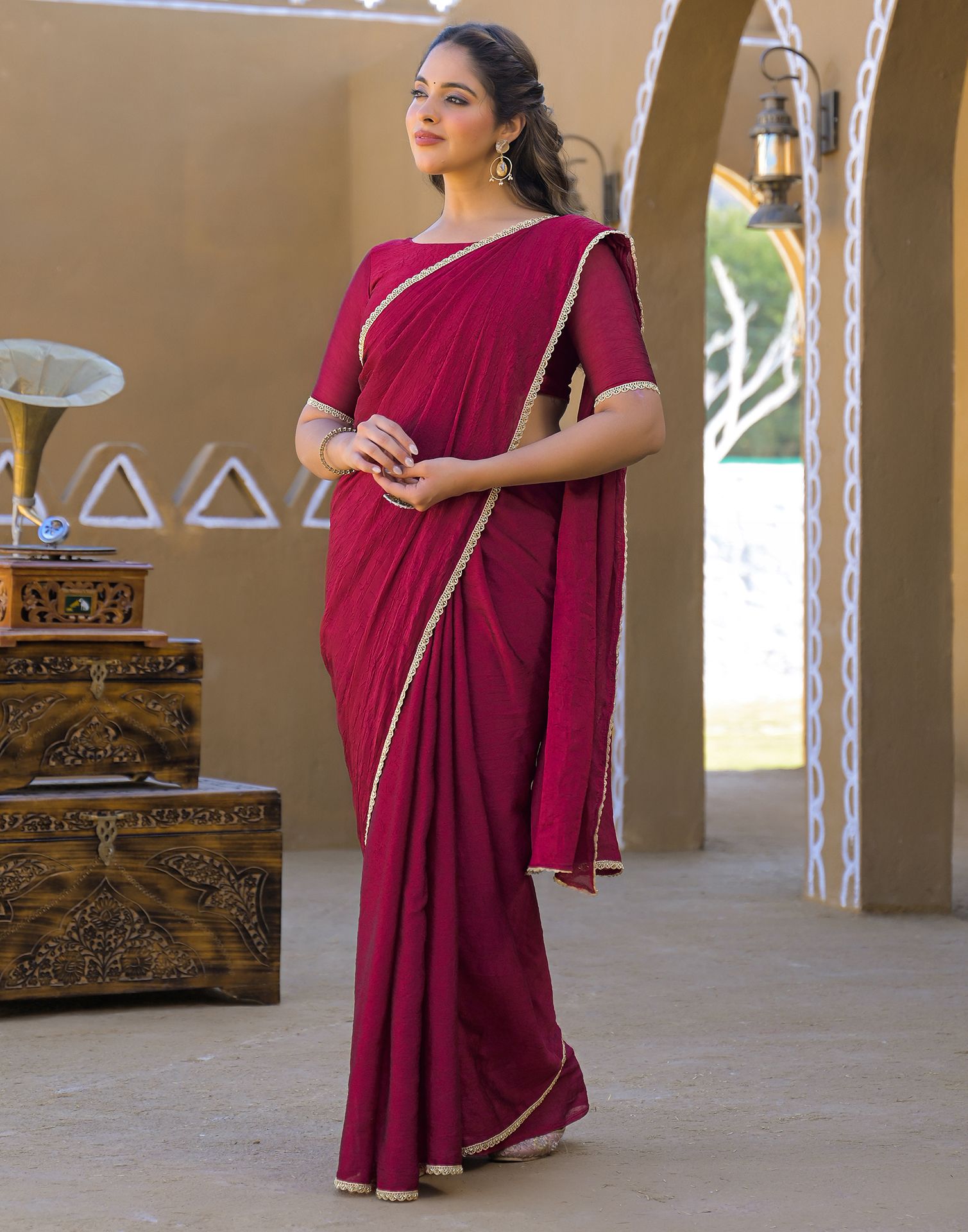 Dark Magenta Crush Silk Lace Saree