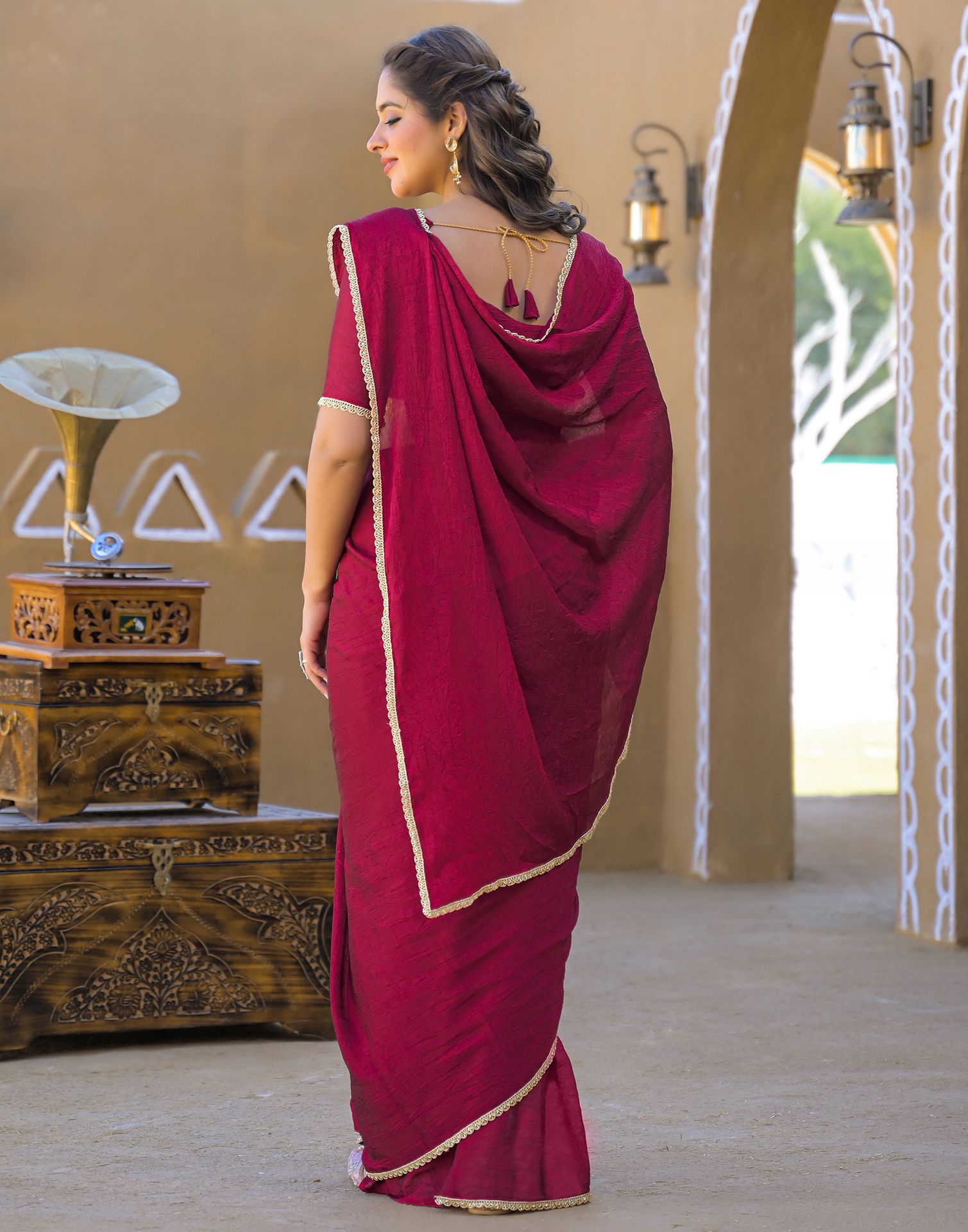 Dark Magenta Crush Silk Lace Saree
