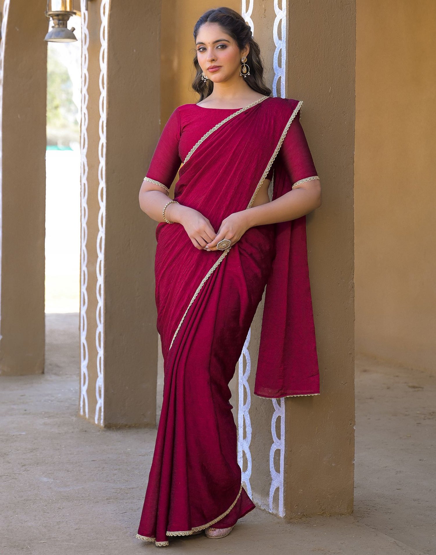 Dark Magenta Crush Silk Lace Saree