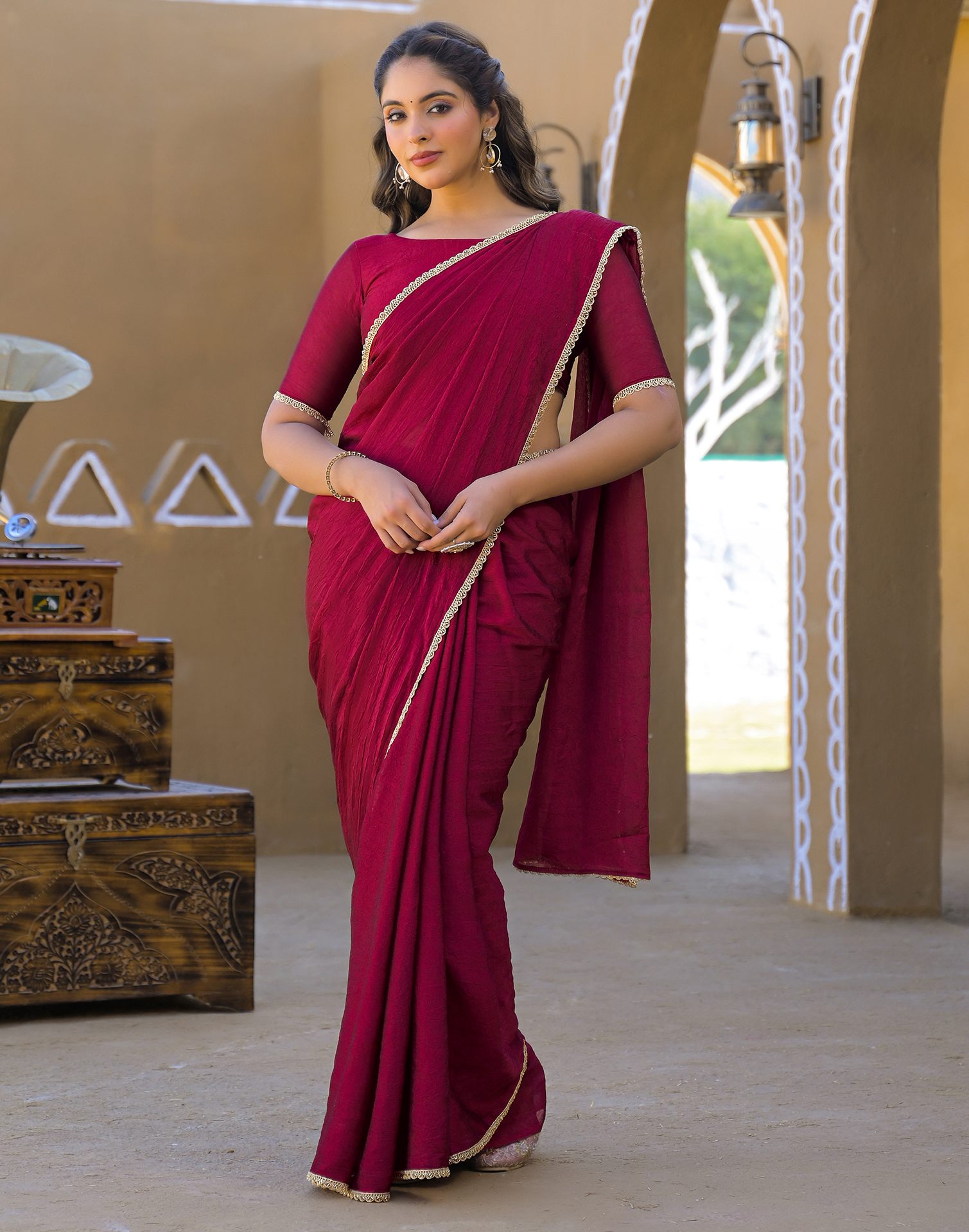 Dark Magenta Crush Silk Lace Saree