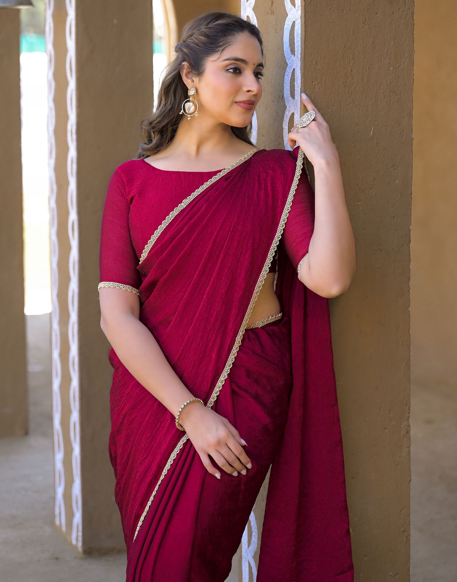 Dark Magenta Crush Silk Lace Saree