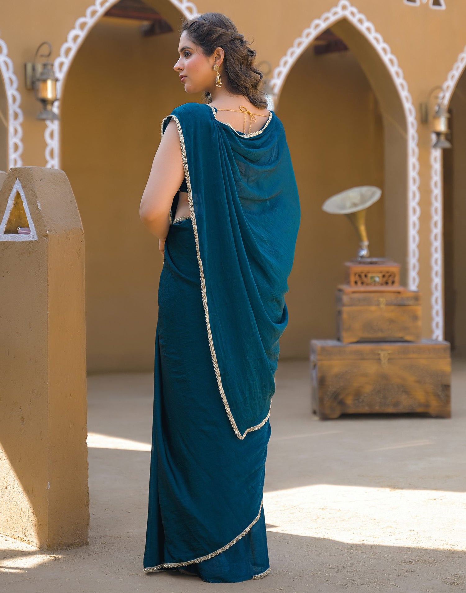 Teal Blue Crush Silk lace Saree