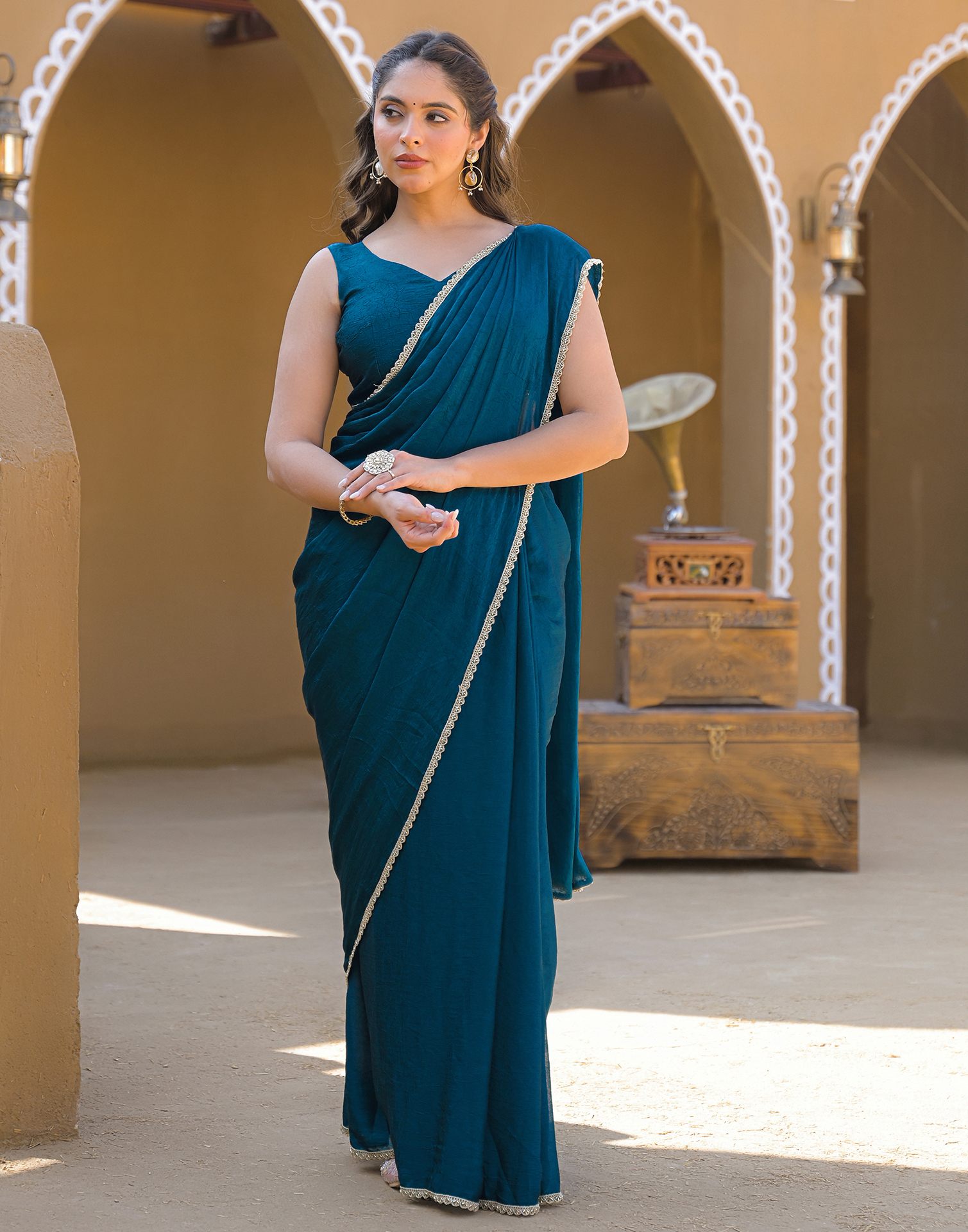 Teal Blue Crush Silk lace Saree