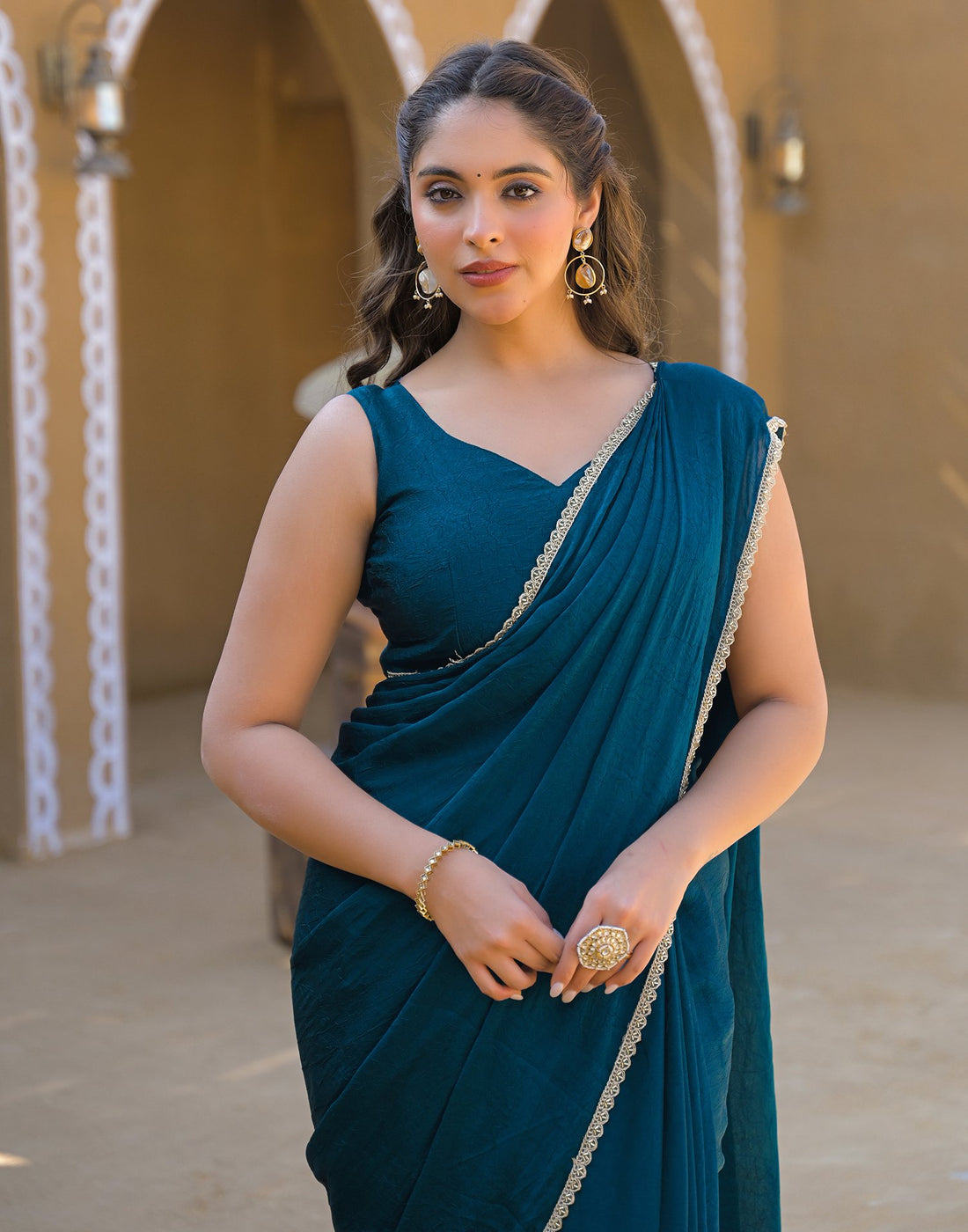 Teal Blue Crush Silk lace Saree