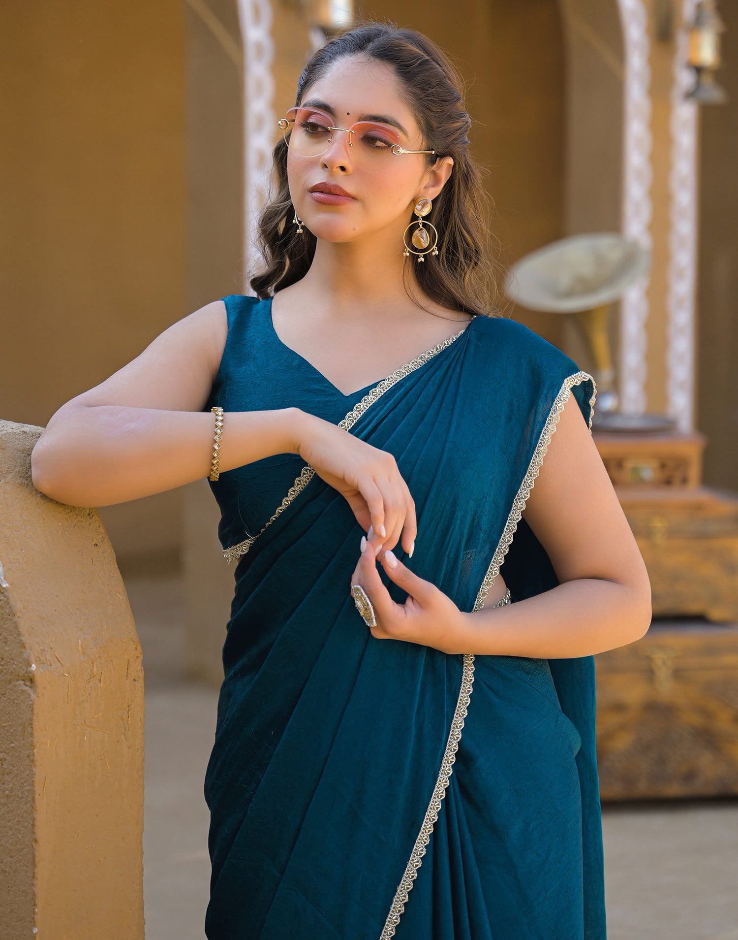 Teal Blue Crush Silk lace Saree