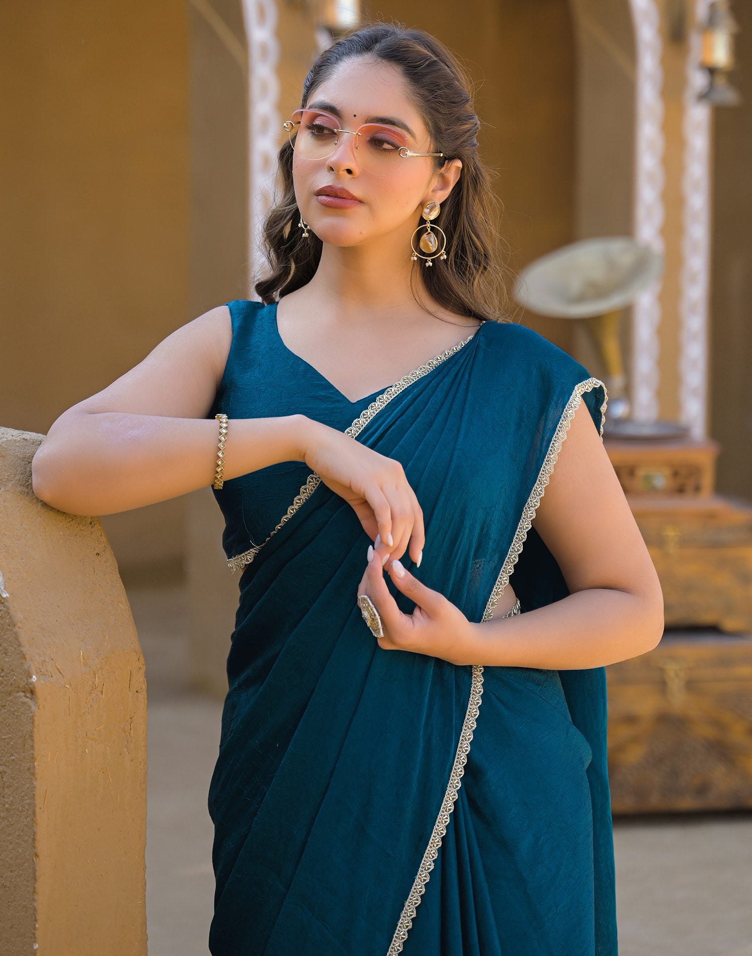 Teal Blue Crush Silk lace Saree