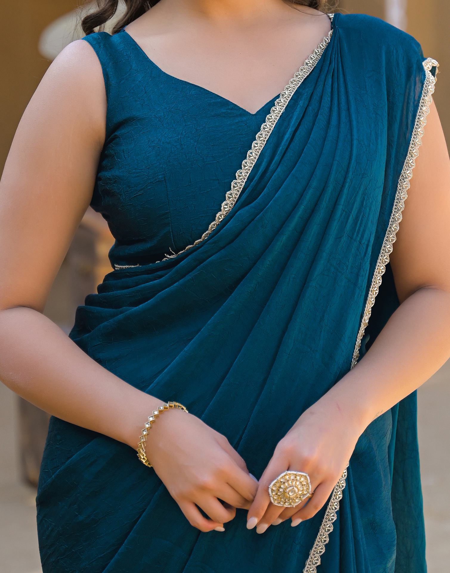 Teal Blue Crush Silk lace Saree