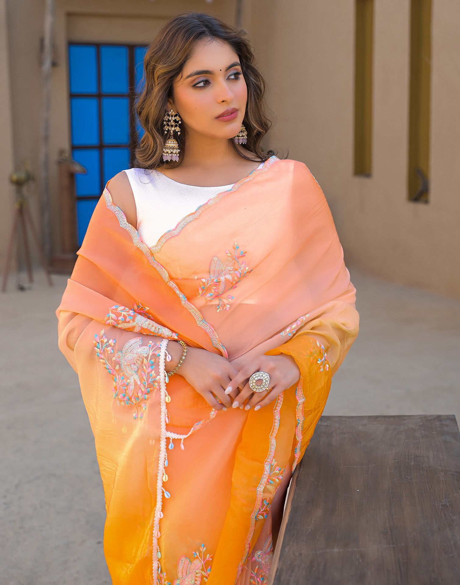 Orange Tissue Silk Sequence Embroidery Saree