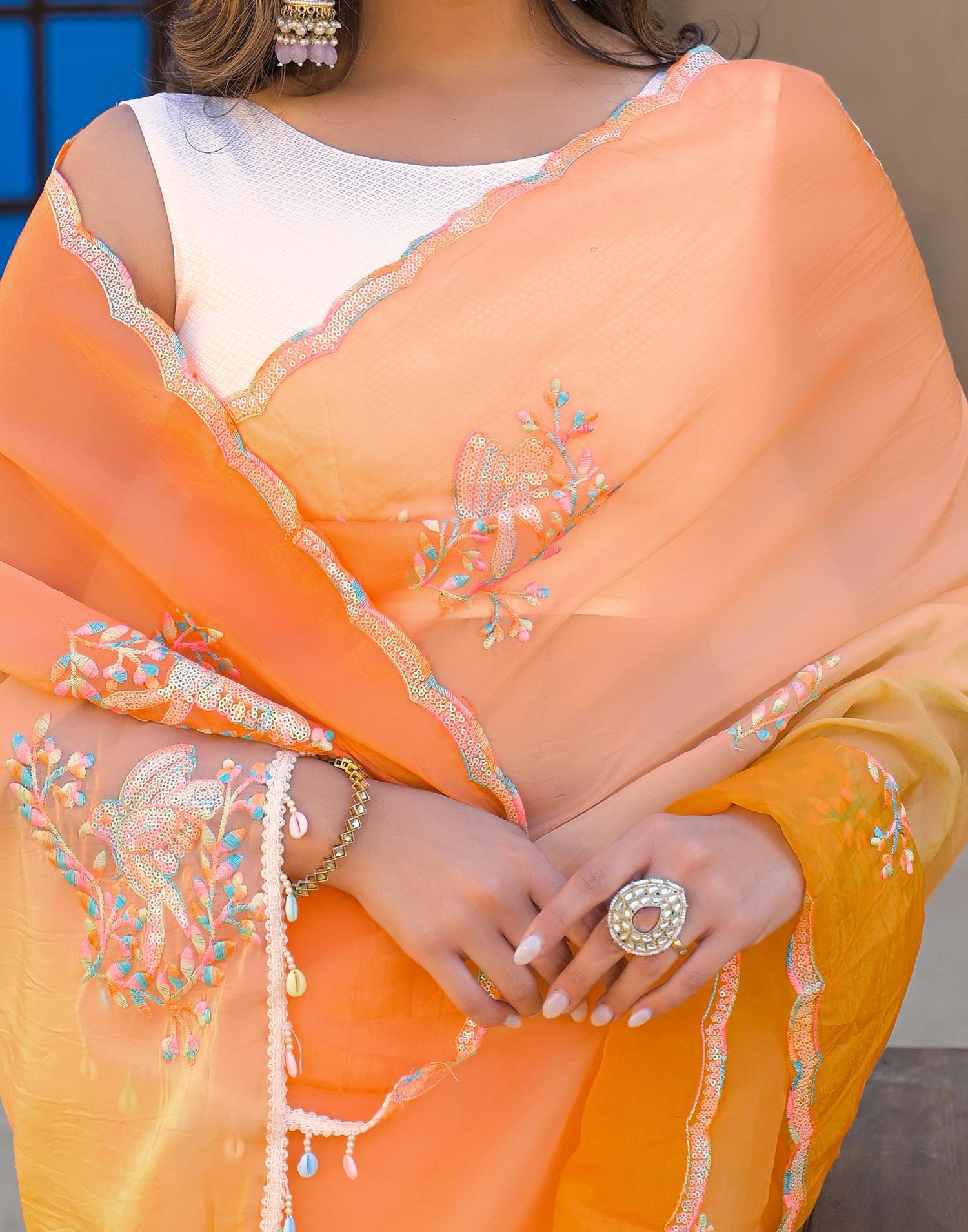 Orange Tissue Silk Sequence Embroidery Saree