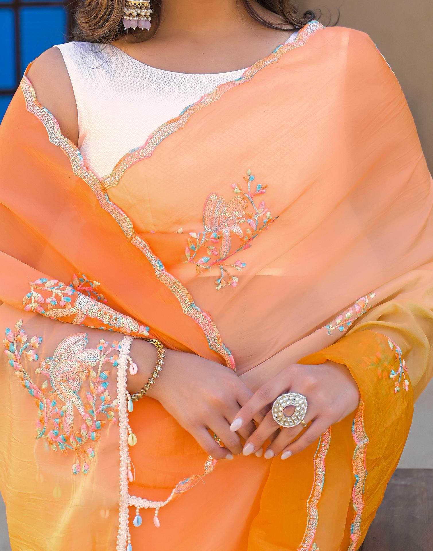 Orange Tissue Silk Sequence Embroidery Saree