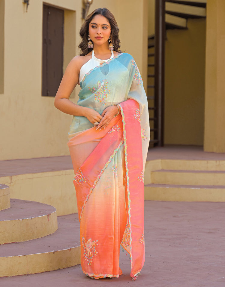 Light Blue Tissue Silk Sequence Embroidery Saree