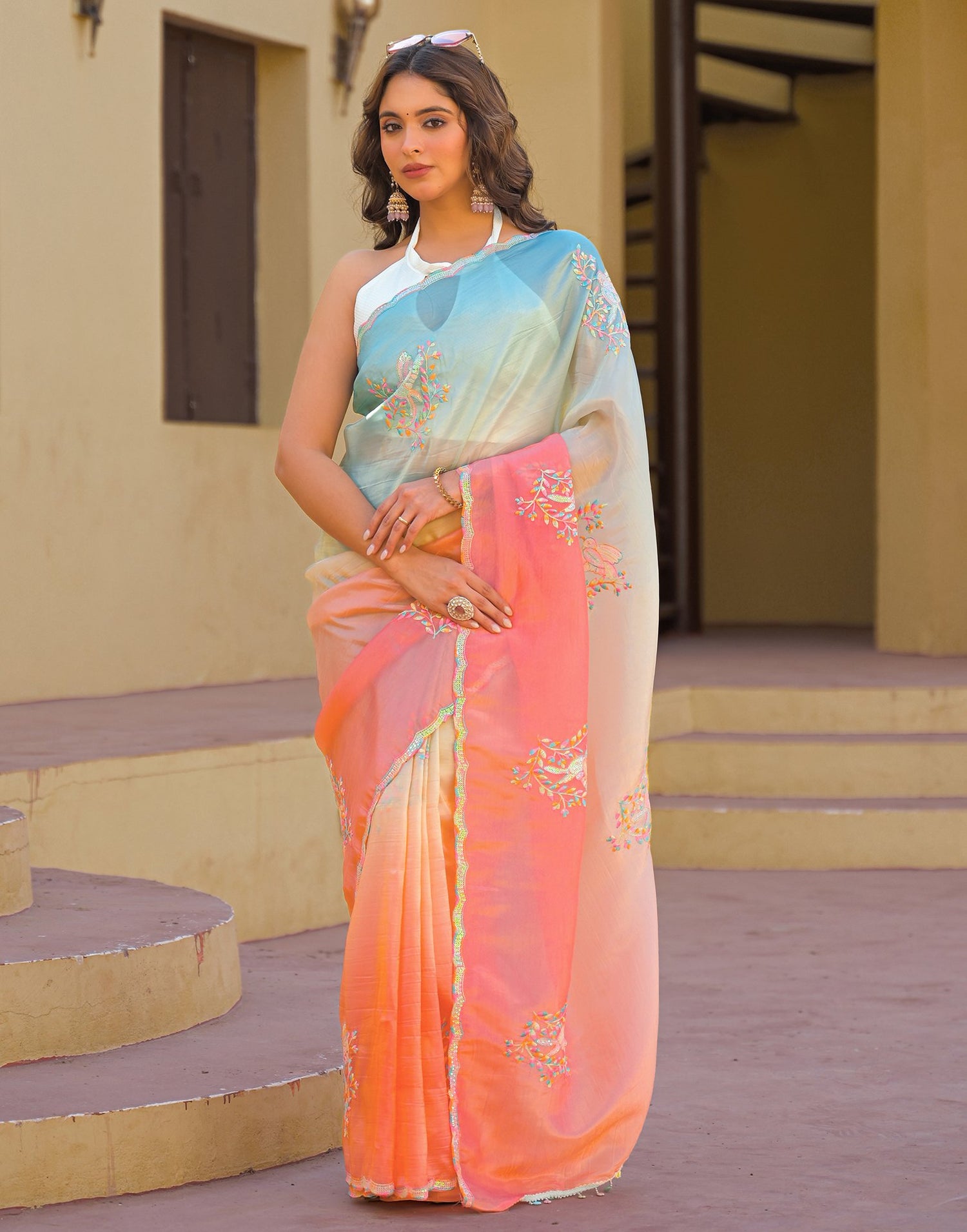 Light Blue Tissue Silk Sequence Embroidery Saree