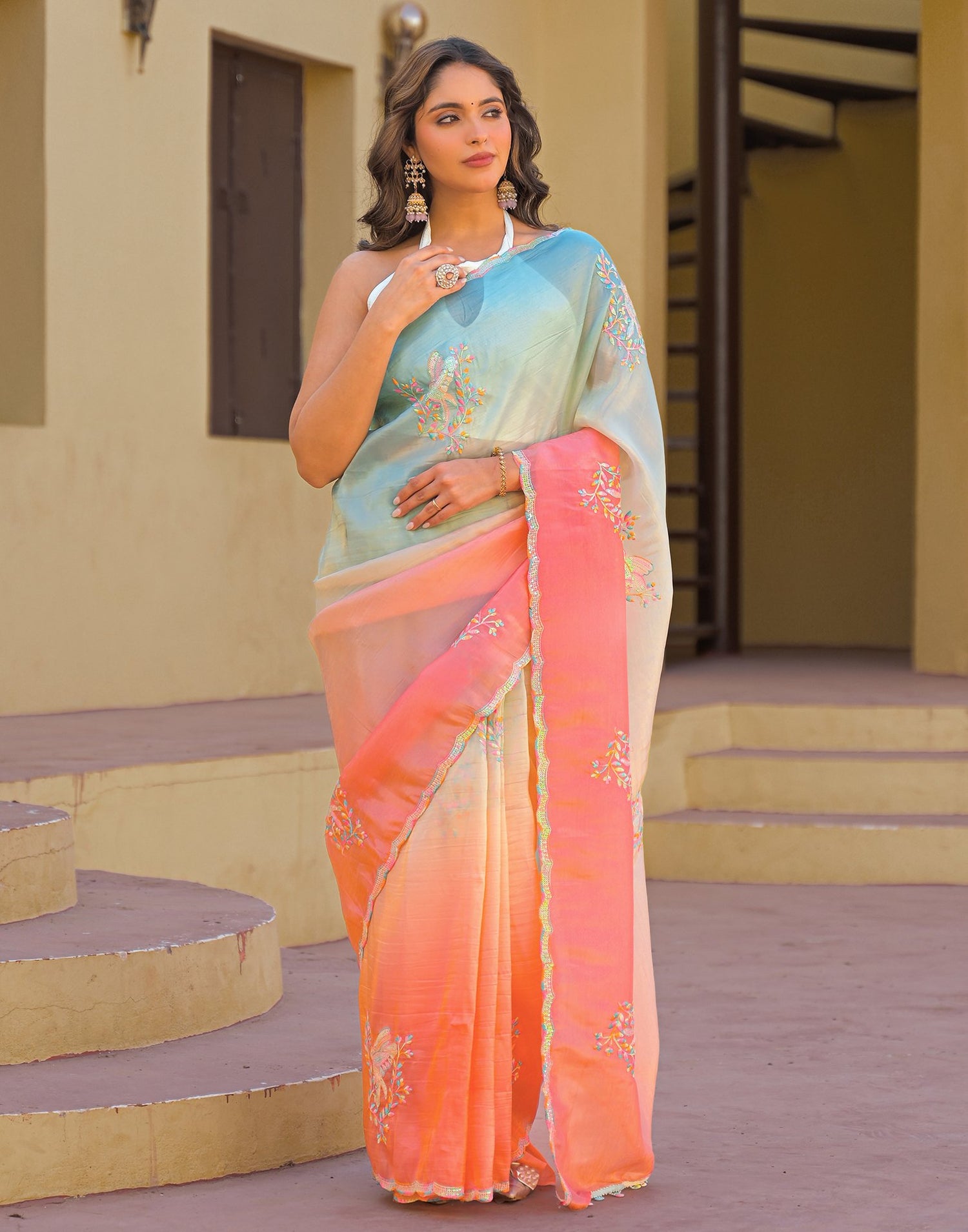 Light Blue Tissue Silk Sequence Embroidery Saree