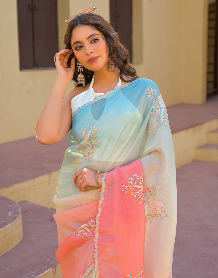 Light Blue Tissue Silk Sequence Embroidery Saree