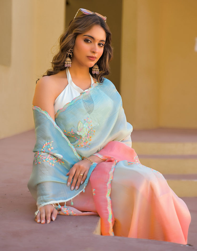 Light Blue Tissue Silk Sequence Embroidery Saree