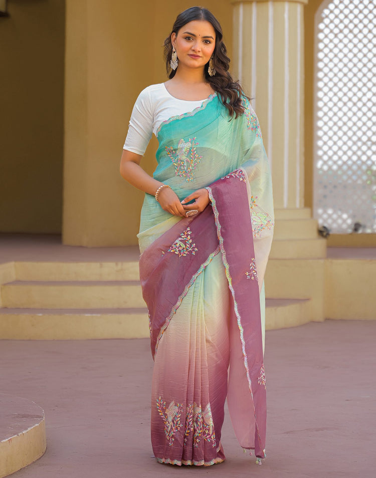 Turquoise Tissue Silk Sequence Embroidery Saree