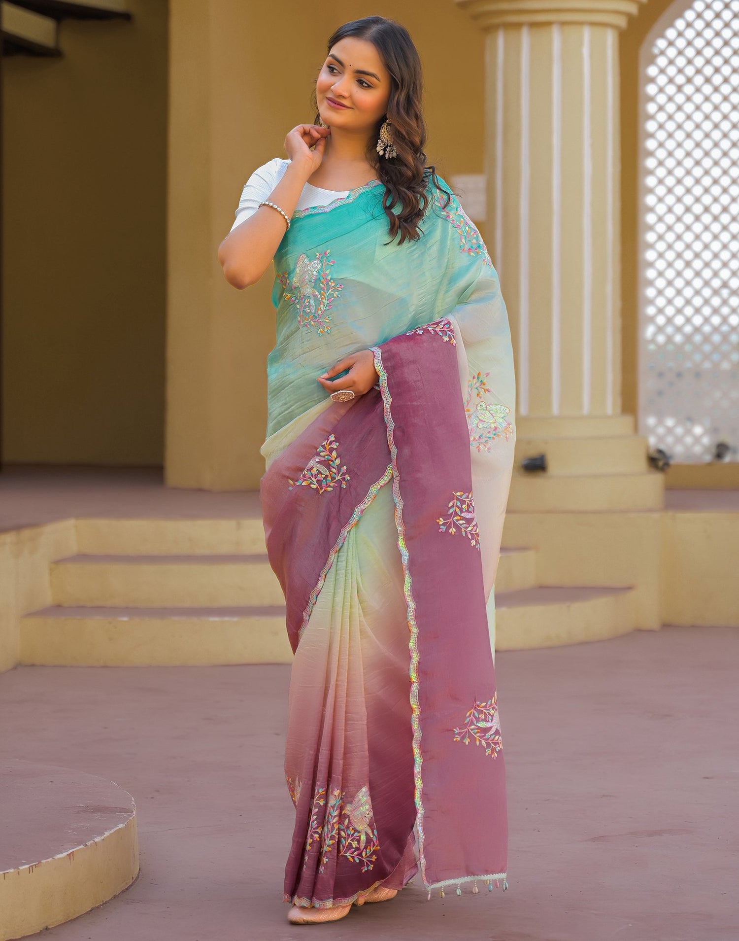Turquoise Tissue Silk Sequence Embroidery Saree