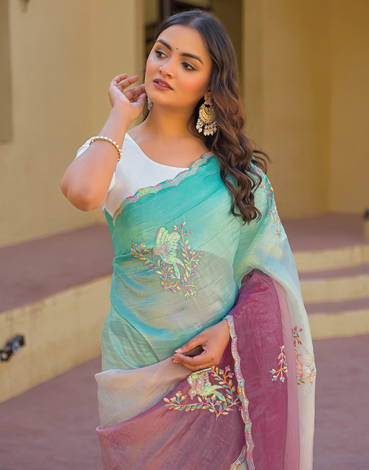 Turquoise Tissue Silk Sequence Embroidery Saree