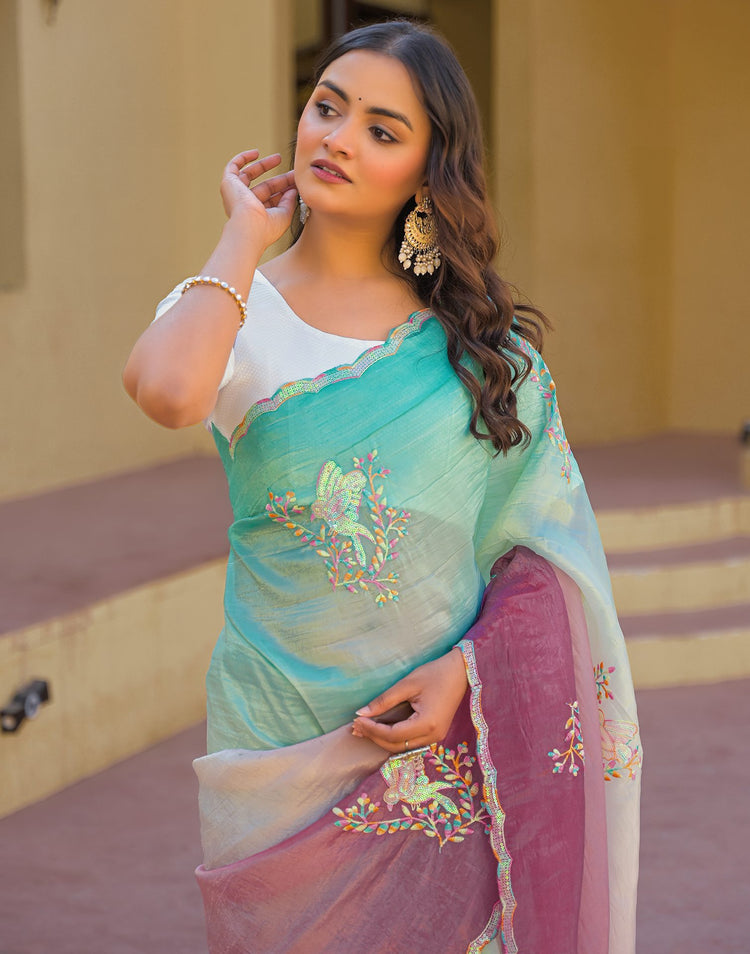 Turquoise Tissue Silk Sequence Embroidery Saree