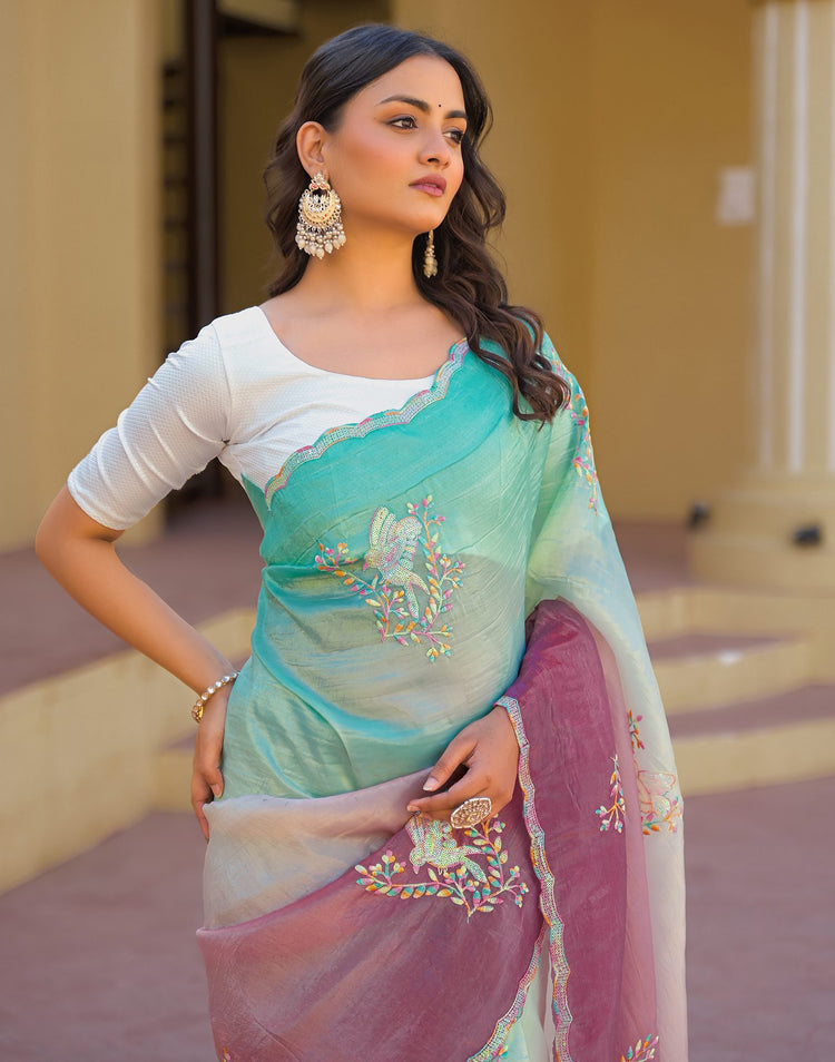Turquoise Tissue Silk Sequence Embroidery Saree