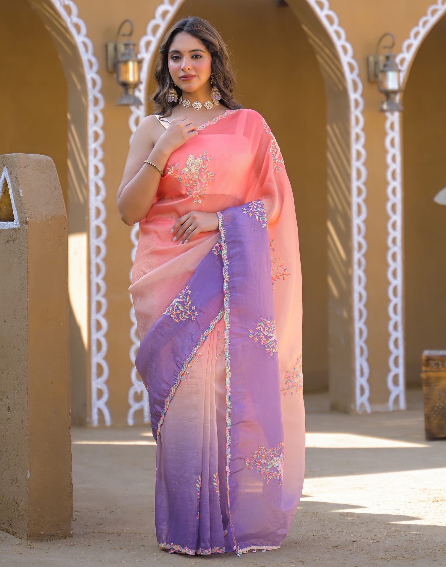 Coral Pink Tissue Silk Sequence Embroidery Saree