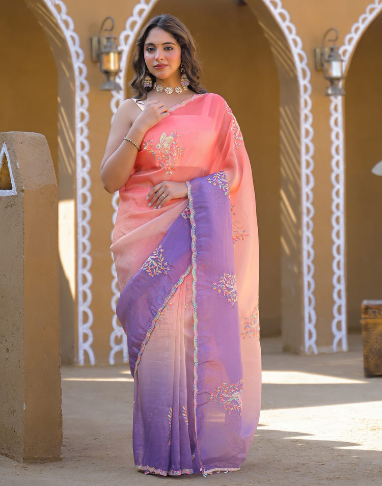Coral Pink Tissue Silk Sequence Embroidery Saree