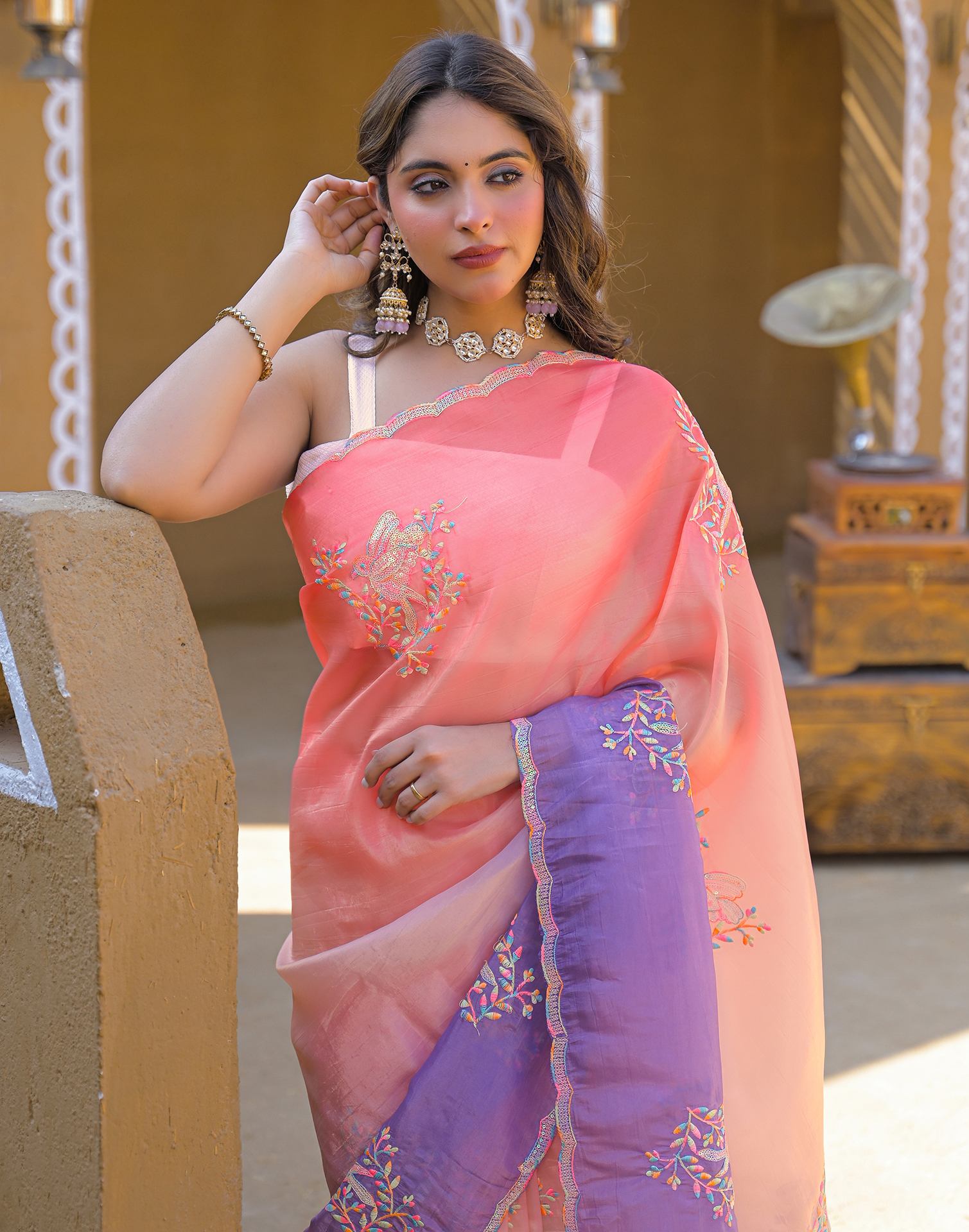 Coral Pink Tissue Silk Sequence Embroidery Saree