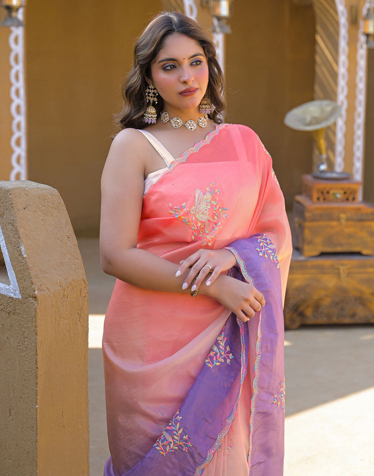Coral Pink Tissue Silk Sequence Embroidery Saree