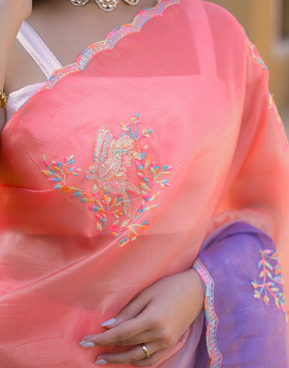 Coral Pink Tissue Silk Sequence Embroidery Saree