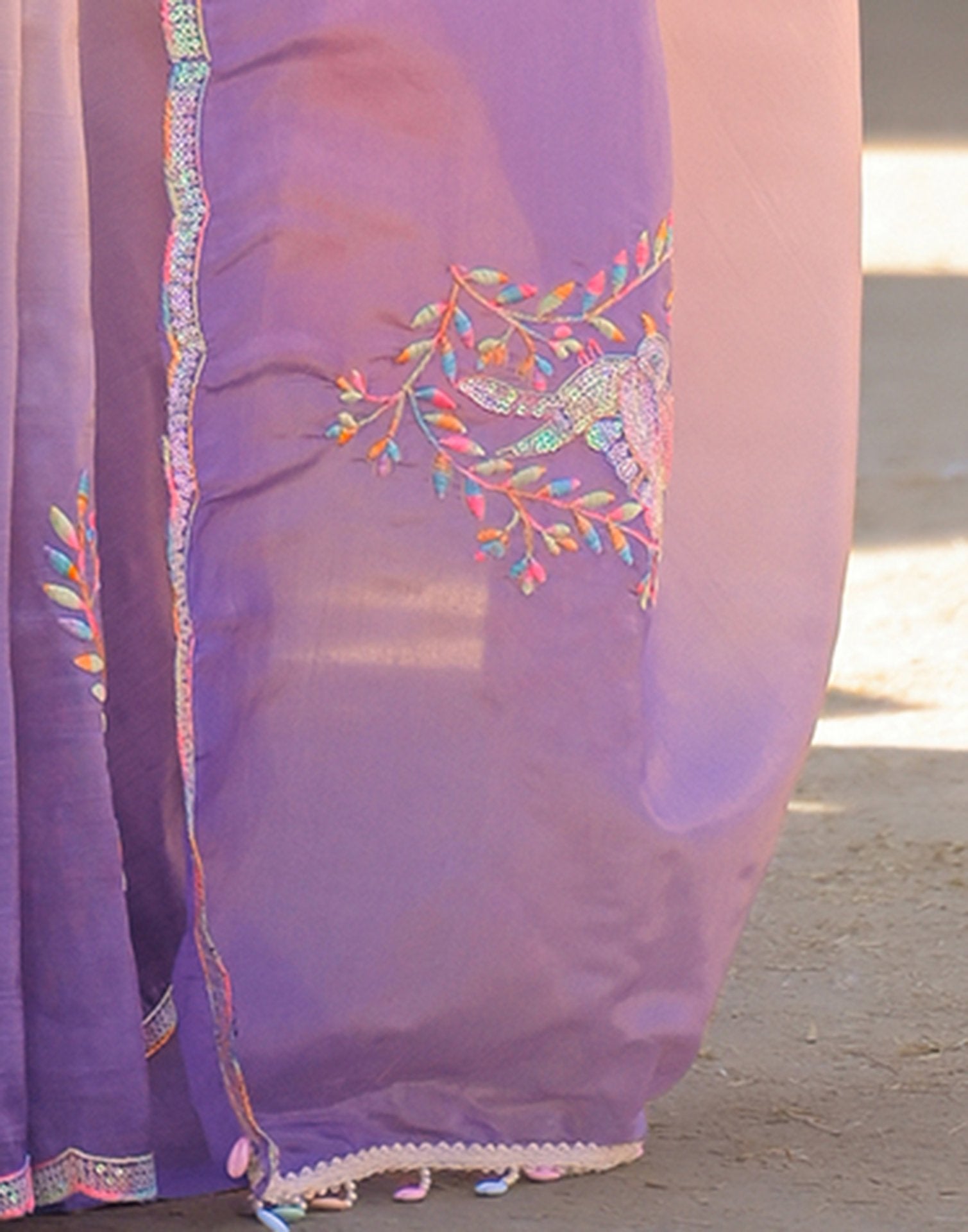 Coral Pink Tissue Silk Sequence Embroidery Saree