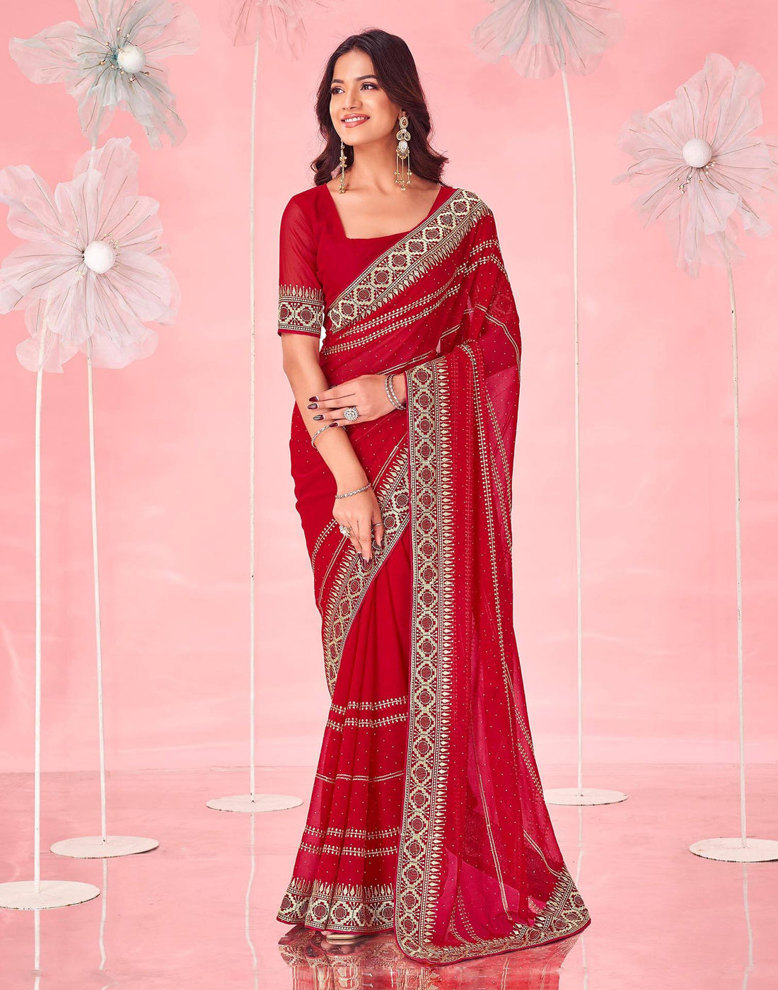 Red Georgette Embroidery Saree