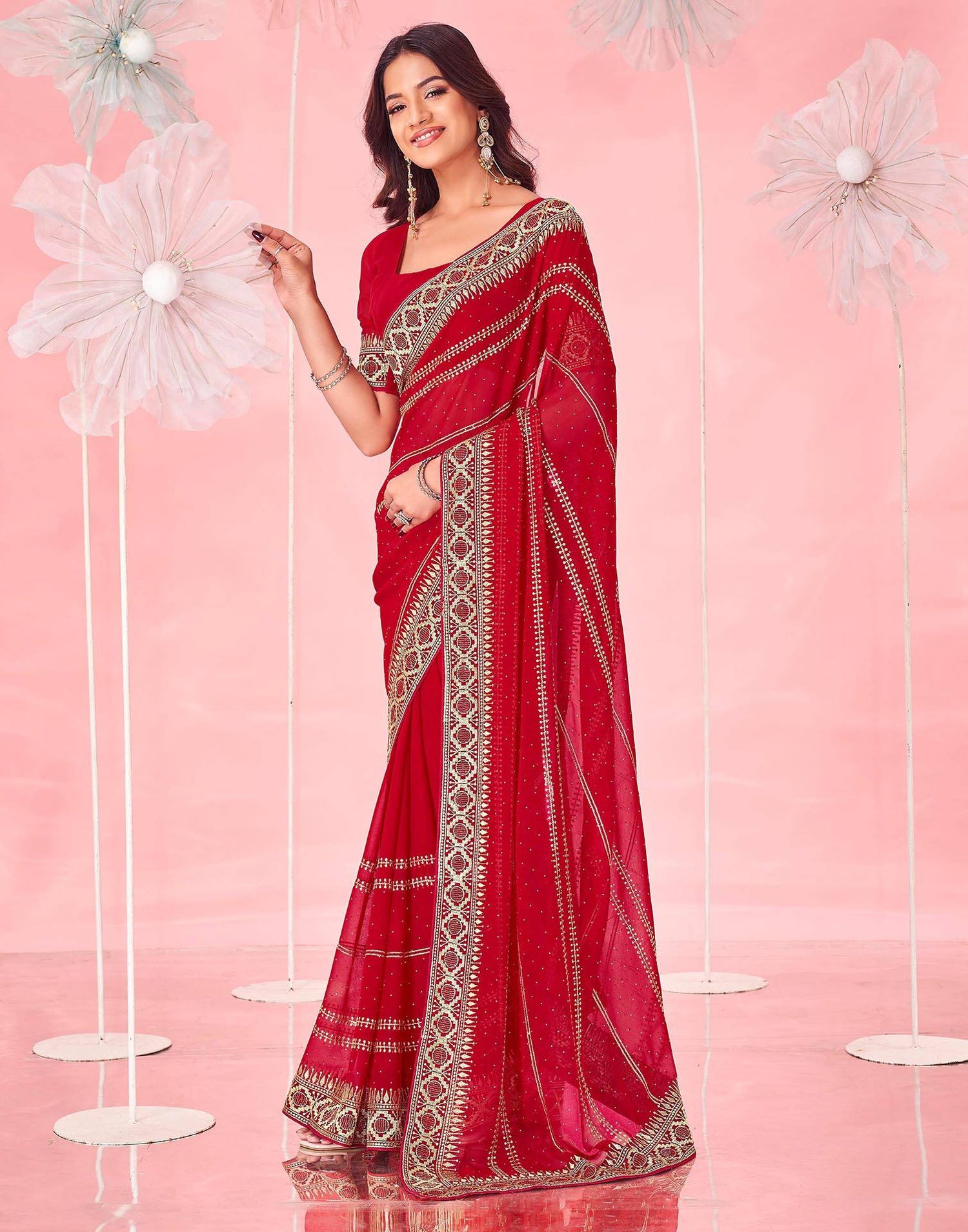 Red Georgette Embroidery Saree