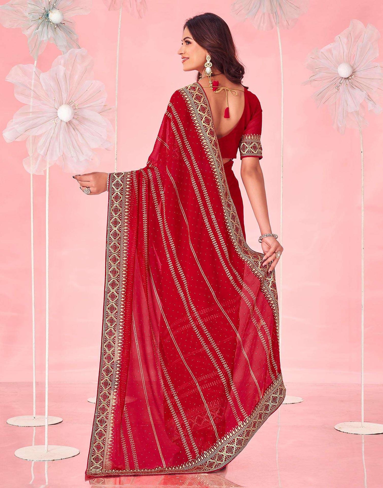 Red Georgette Embroidery Saree