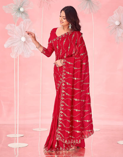 Red Vichitra Silk Sequence Embroidery Saree