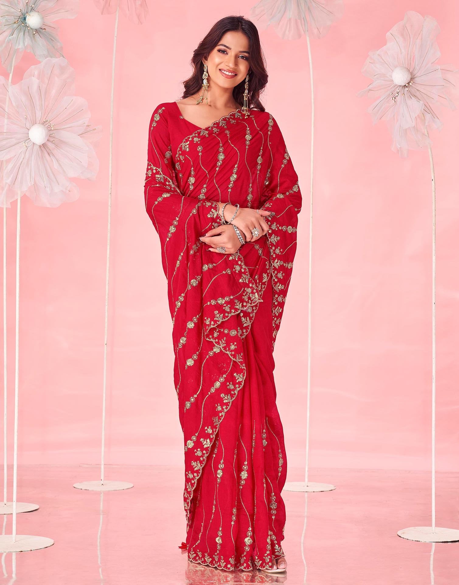 Red Vichitra Silk Sequence Embroidery Saree
