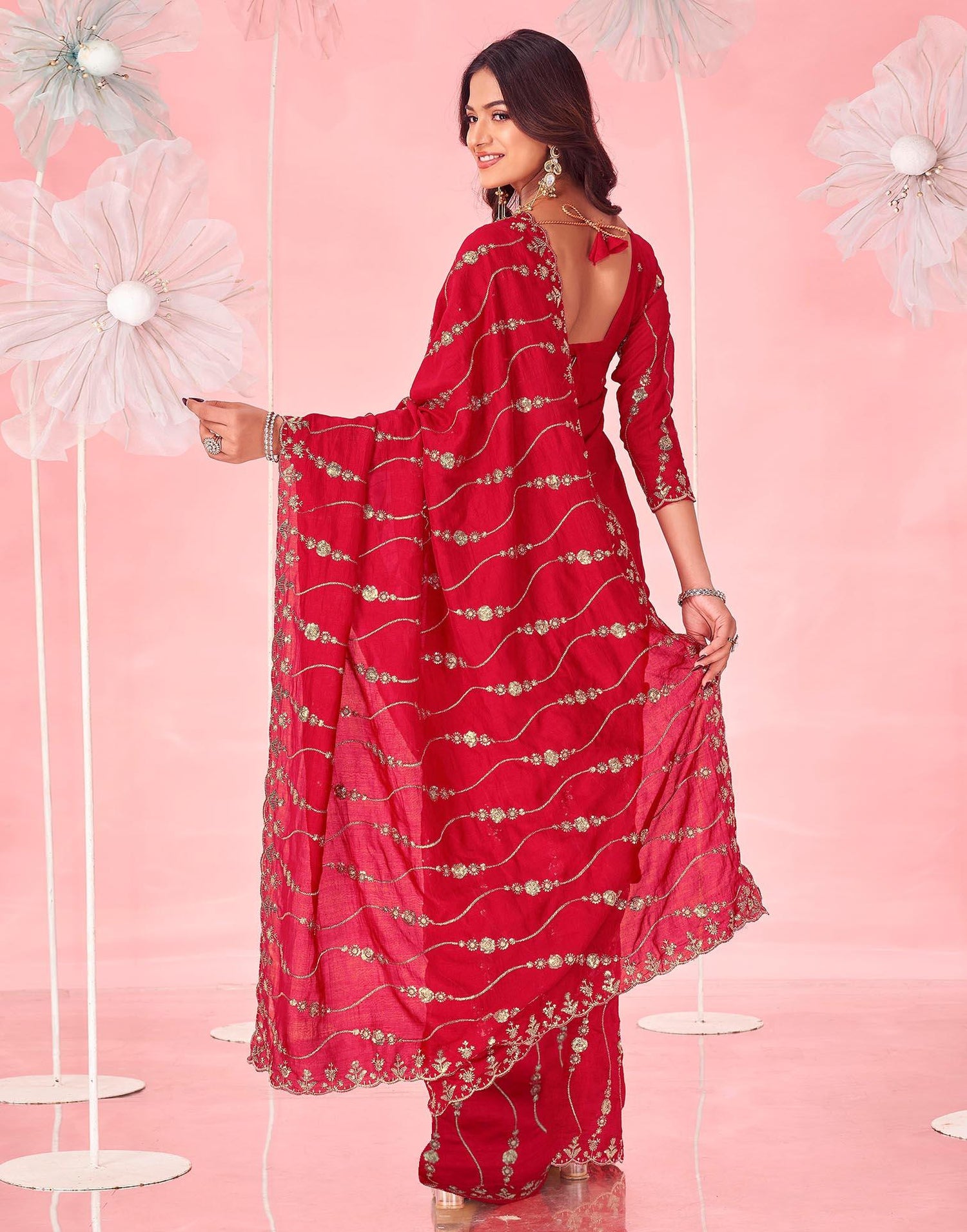 Red Vichitra Silk Sequence Embroidery Saree