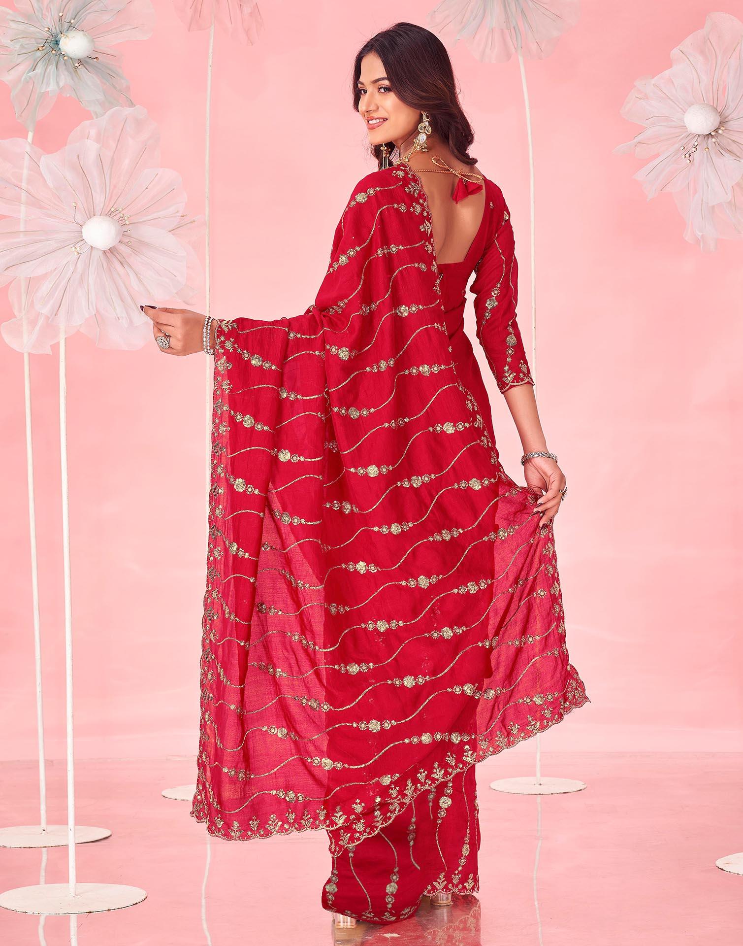 Red Vichitra Silk Sequence Embroidery Saree