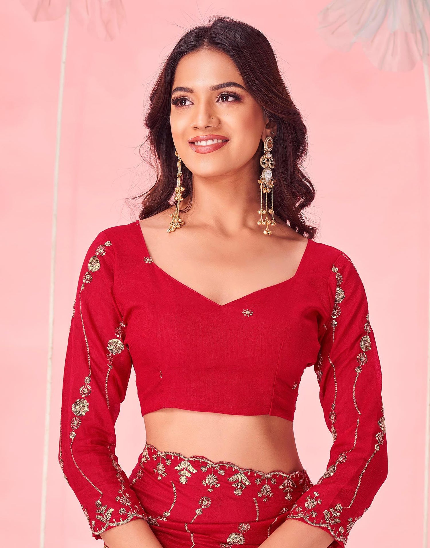 Red Vichitra Silk Sequence Embroidery Saree