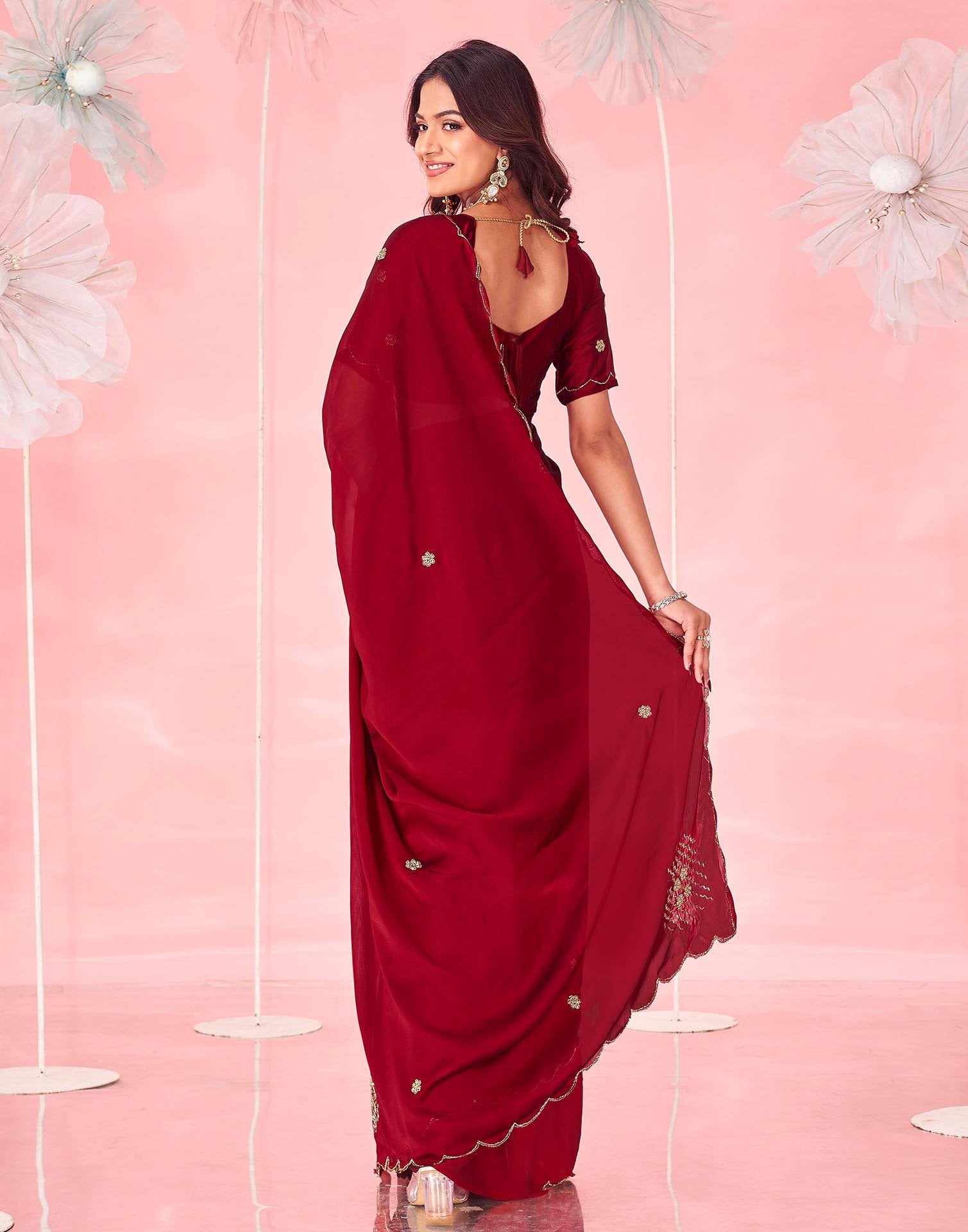Maroon Silk Hand Work Embellished Saree